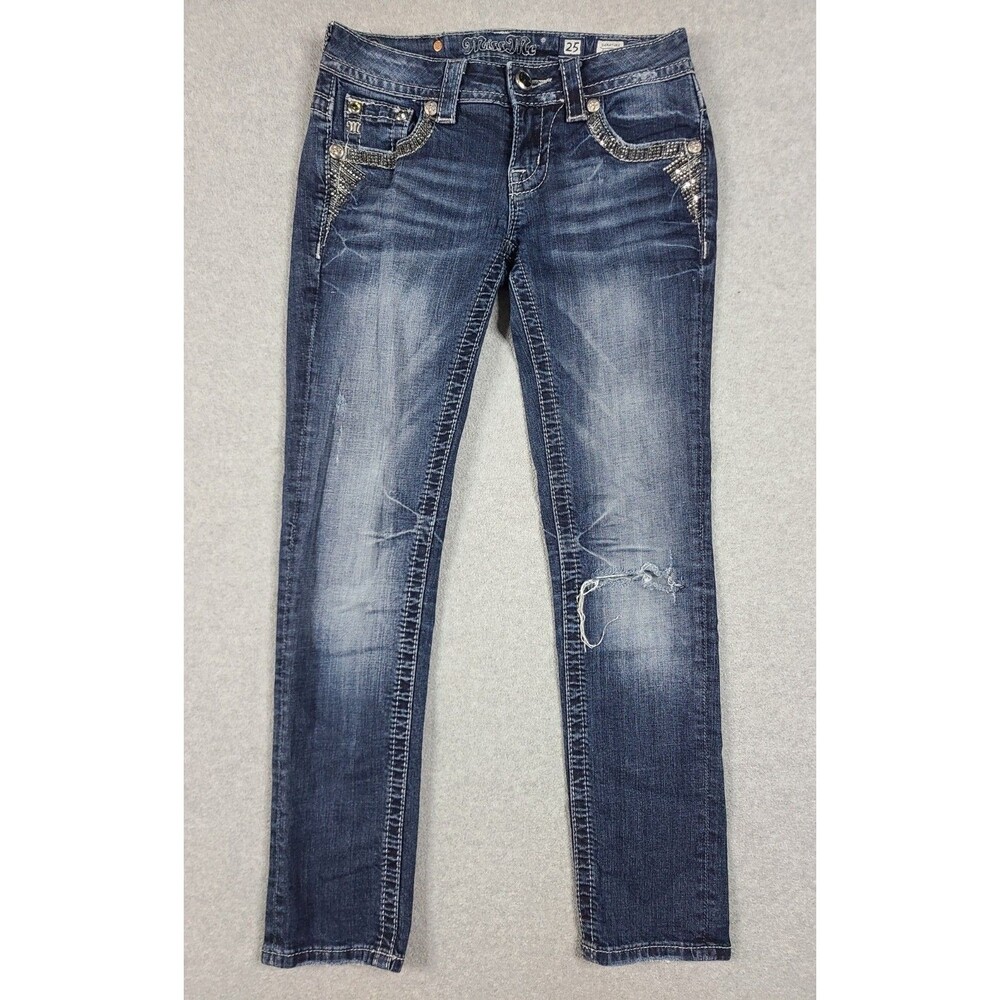 Miss Me Blue Jeans Signature Cropped Distressed Jeans Sz 25 Bling Pockets